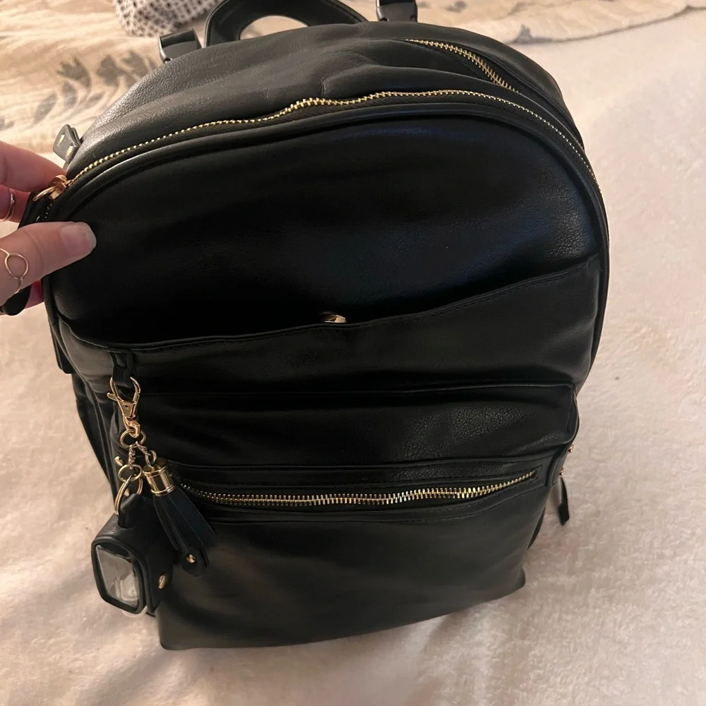 Black Leather Diaper Backpack with Gold Accents
